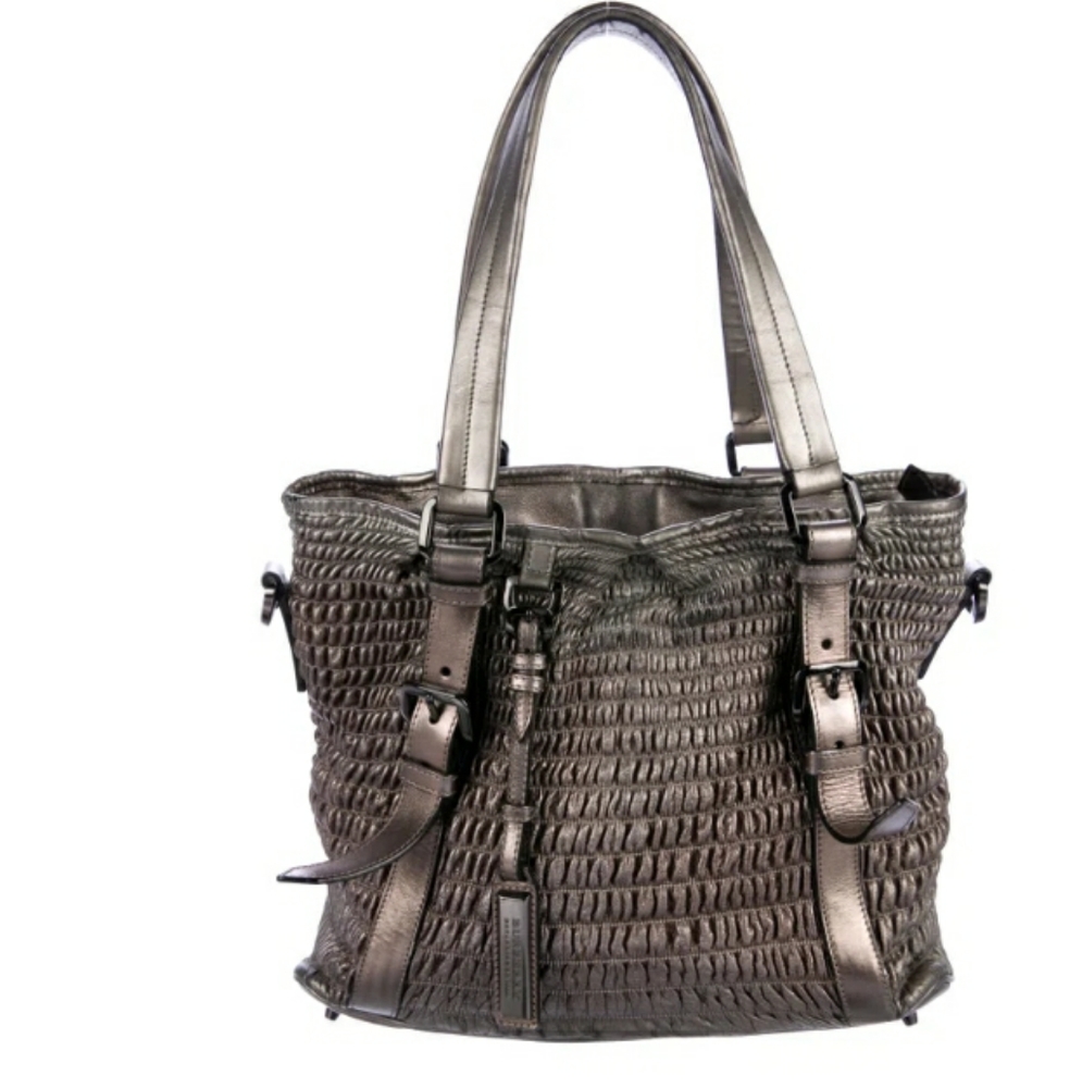 Burberry Metallic Gunmetal Woven Leather Satchel